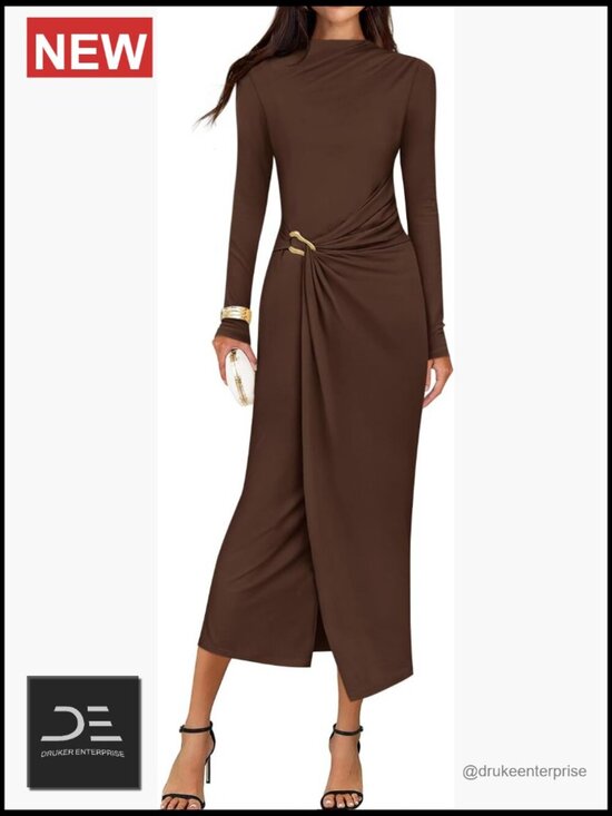 Dresses & Skirts - Long Sleeve Mock Neck Bodycon Midi Dress Cocktail Party Wedding Guest